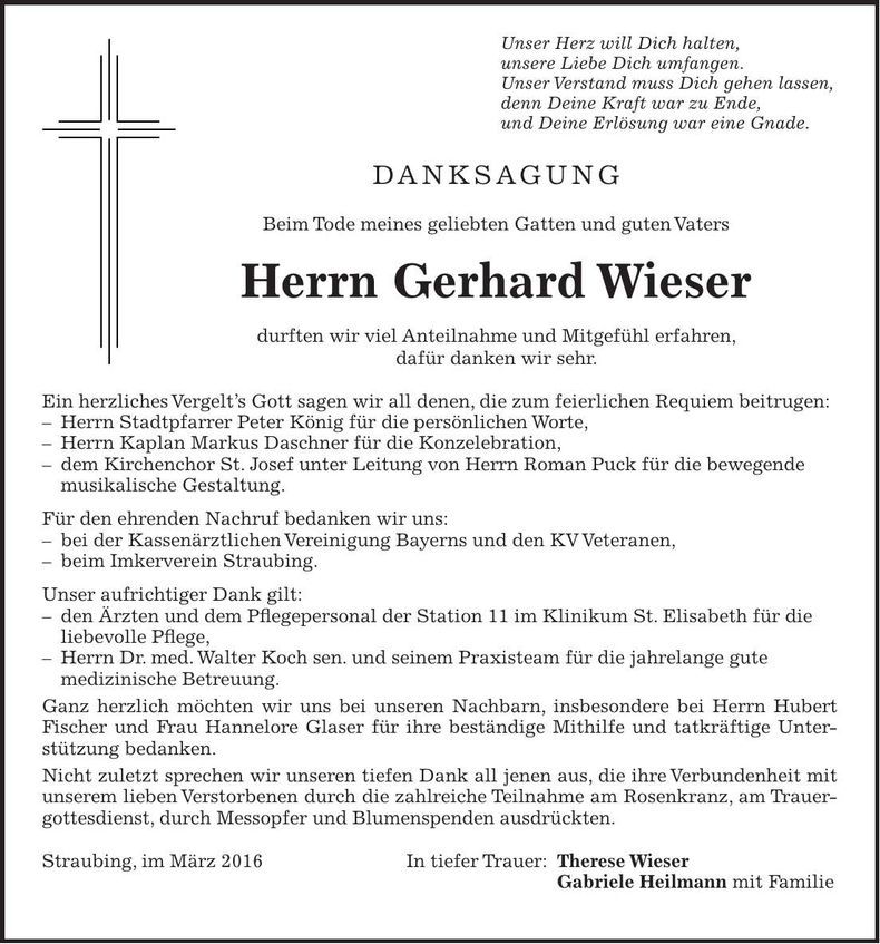 Traueranzeige Gerhard Wieser