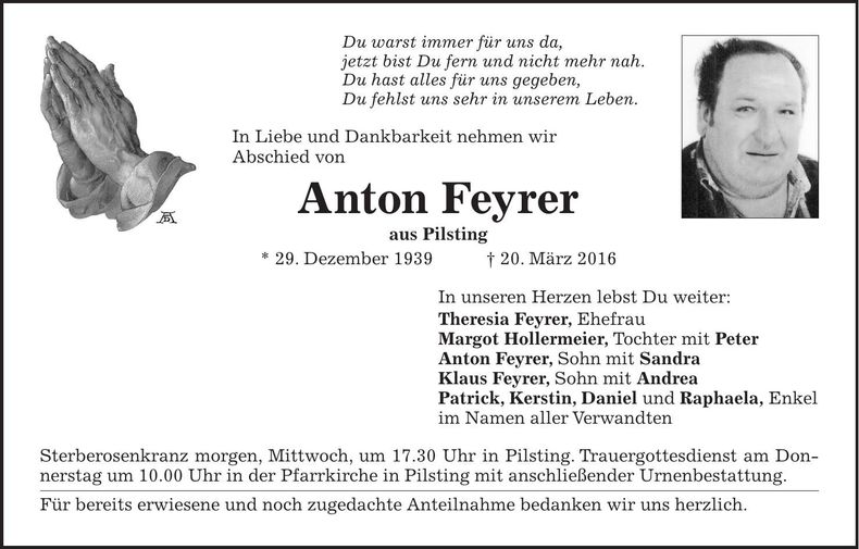 Traueranzeige Anton Feyrer