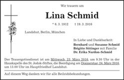 Traueranzeige Lina Schmid