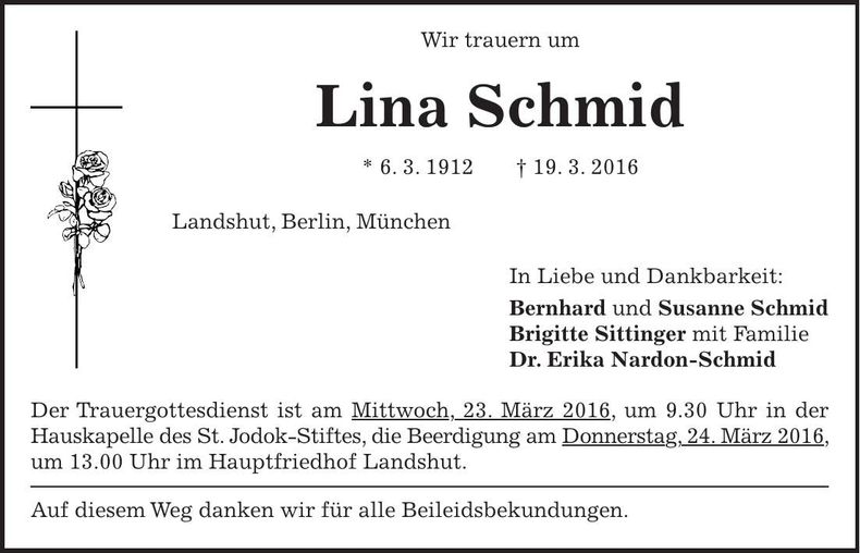 Traueranzeige Lina Schmid