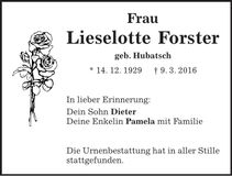 Traueranzeige Lieselotte Forster