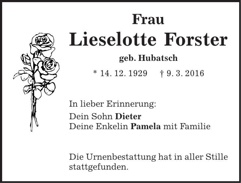 Traueranzeige Lieselotte Forster