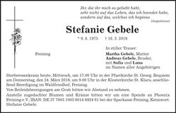 Traueranzeige Stefanie Gebele