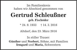 Traueranzeige Gertrud Schleußner