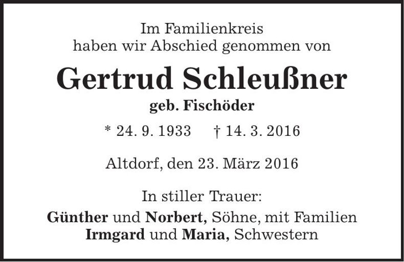 Traueranzeige Gertrud Schleußner