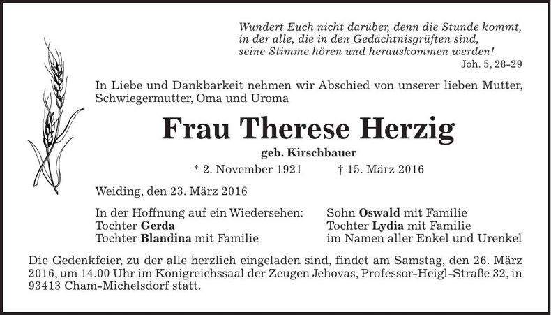 Traueranzeige Therese Herzig