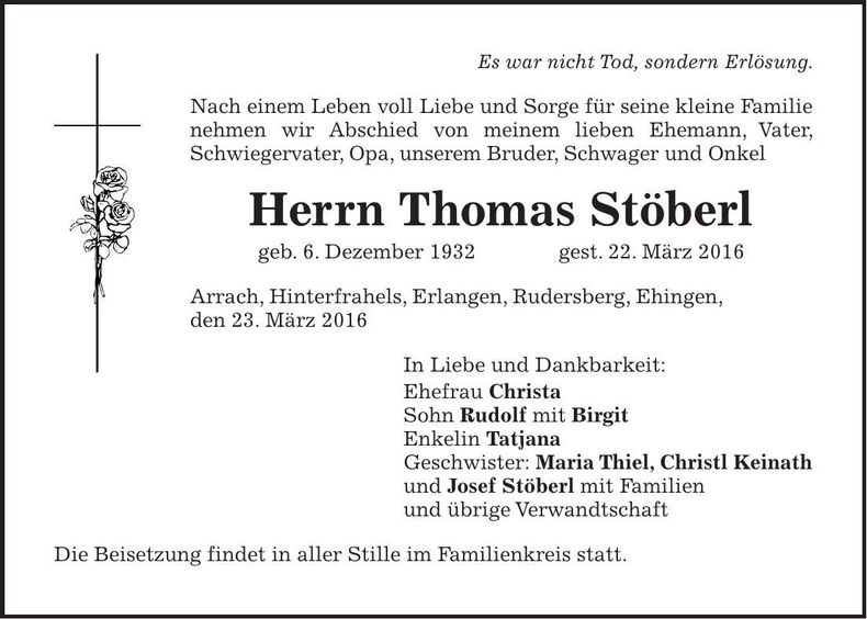 Traueranzeige Thomas Stöberl