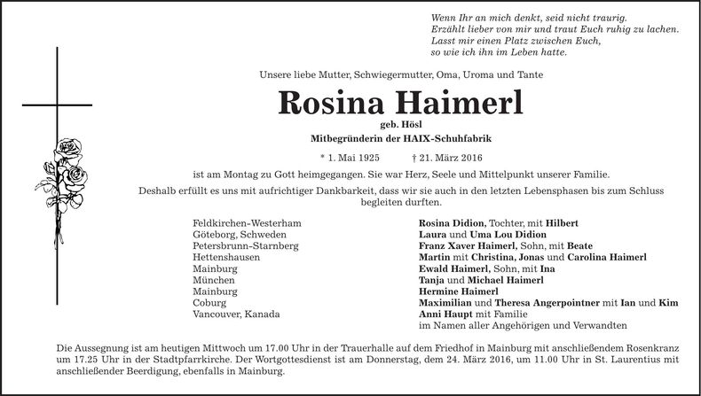 Traueranzeige Rosina Haimer