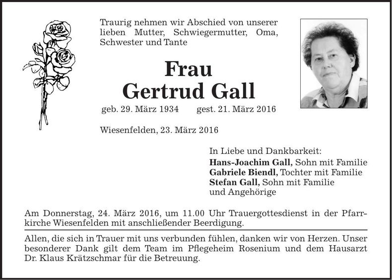 Traueranzeige Getrud Gall