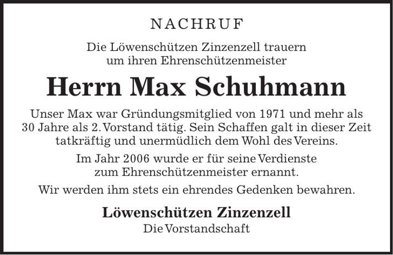 Traueranzeige Max Schuhmann