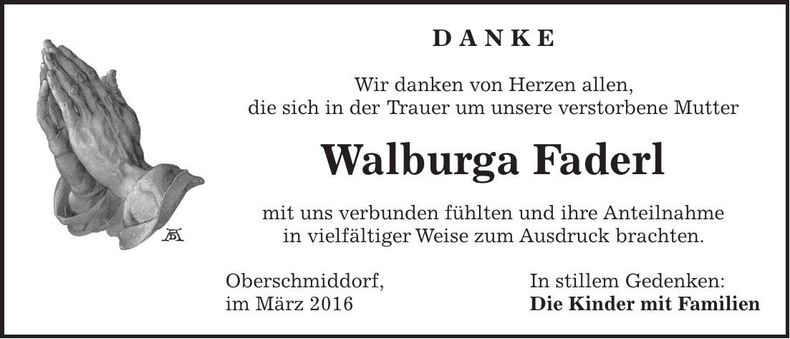 Traueranzeige Walburga Faderl