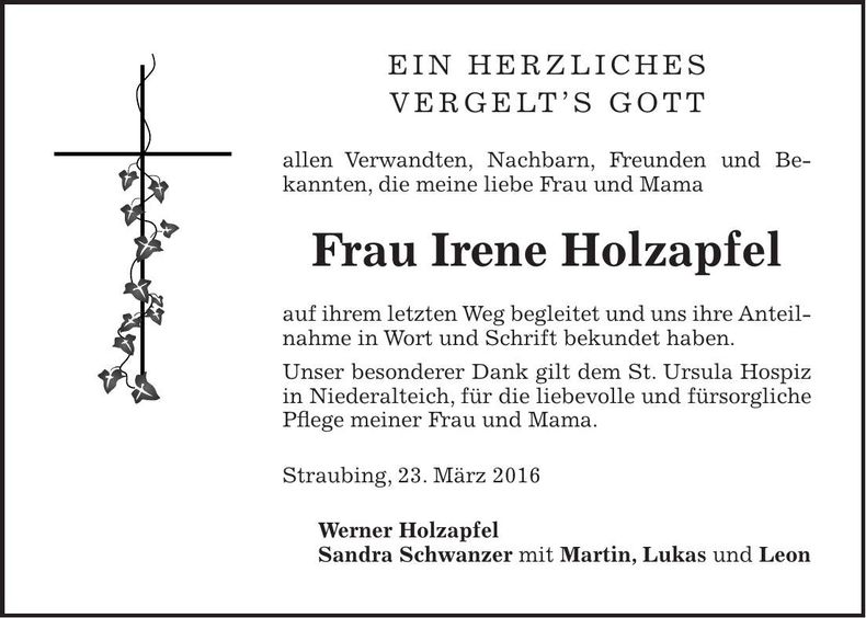 Traueranzeige Irene Holzapfl