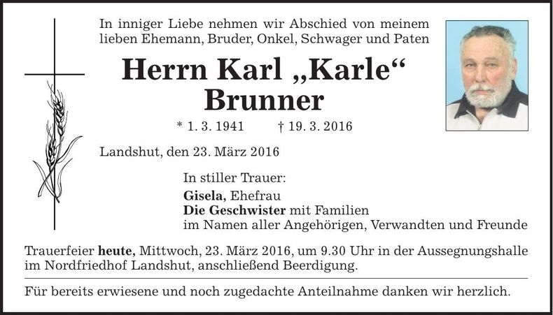 Traueranzeige Karl Brunner