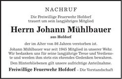 Traueranzeige Johann Mühlbauer