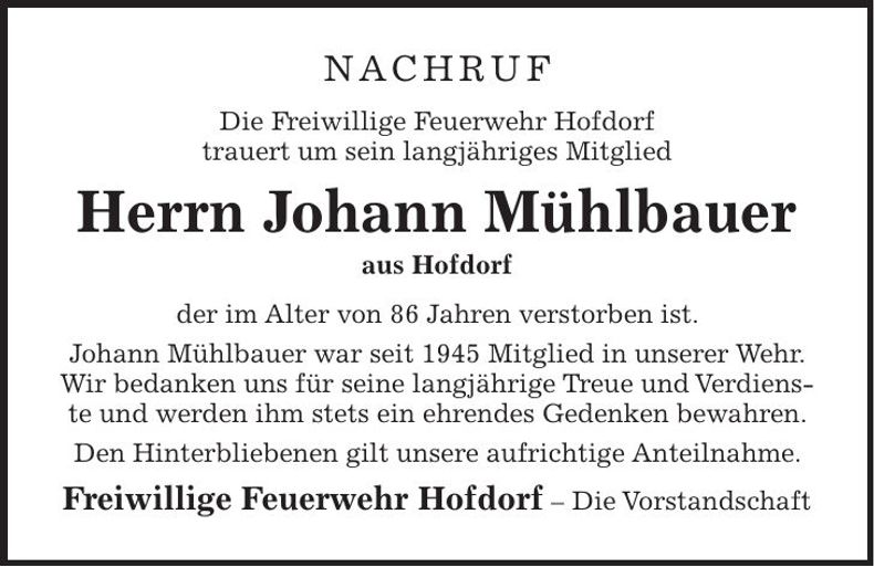 Traueranzeige Johann Mühlbauer