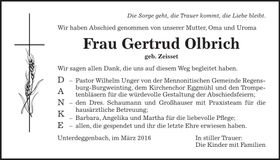 Traueranzeige Gertrud Olbrich