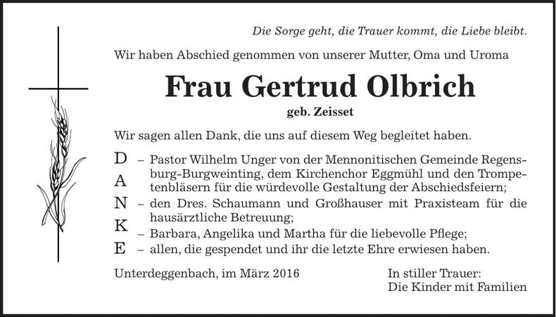 Traueranzeige Gertrud Olbrich