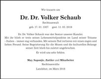 Traueranzeige Volker Schaub