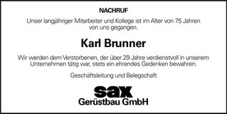 Traueranzeige Karl Brunner