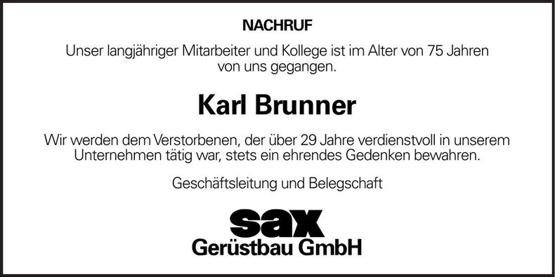 Traueranzeige Karl Brunner