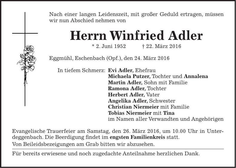 Traueranzeige Winfried Adler