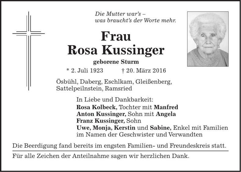 Traueranzeige Rosa Kussinger