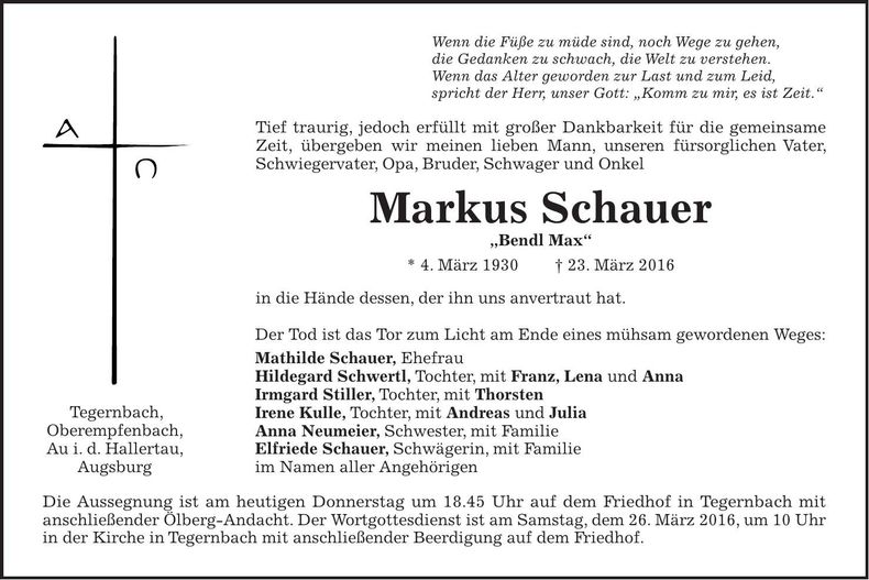 Traueranzeige Markus Schauer