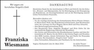 Traueranzeige Franziska Wiesmann