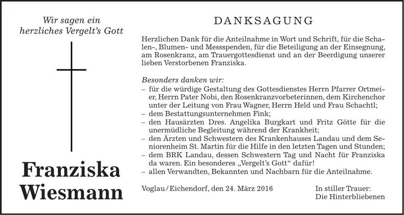 Traueranzeige Franziska Wiesmann