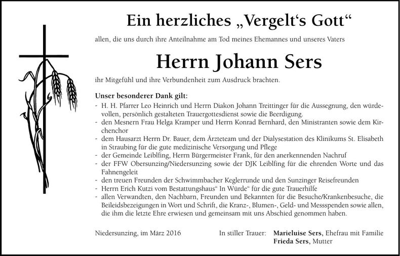 Traueranzeige Johann Sers