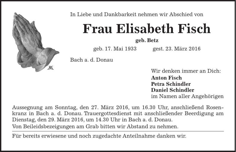 Traueranzeige Elisabeth Fisch