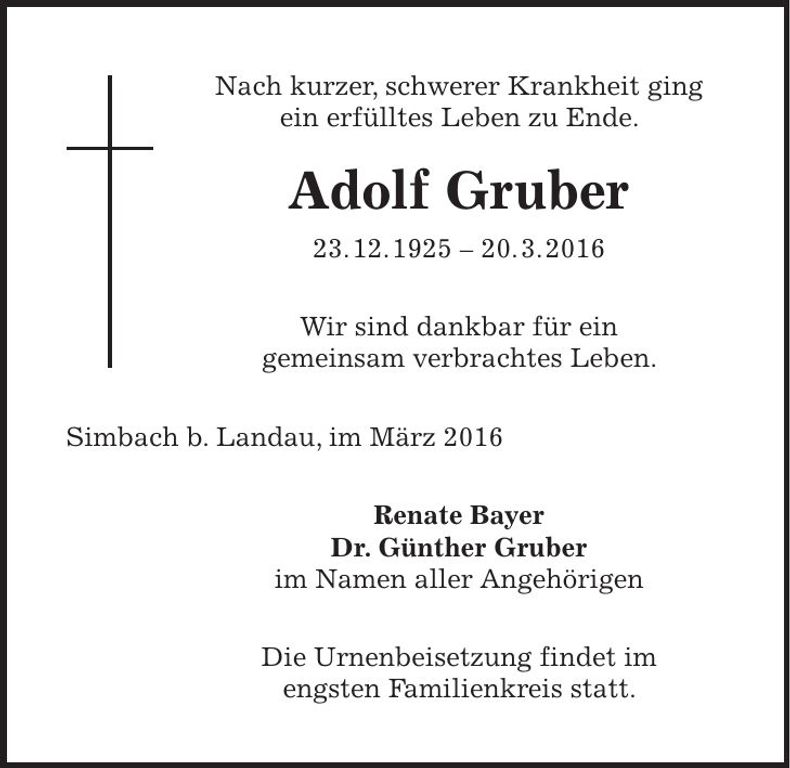 Traueranzeige Adolf Gruber