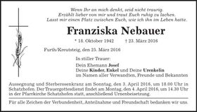 Traueranzeige Franziska Neubauer