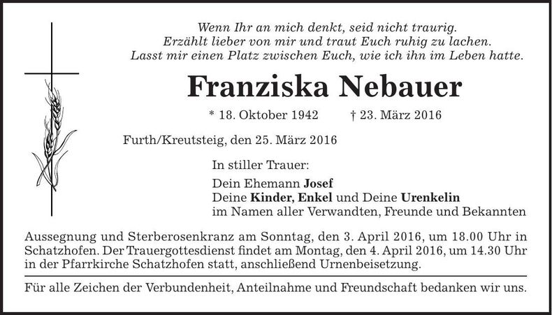 Traueranzeige Franziska Neubauer