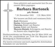 Traueranzeige Barbara Bartonek