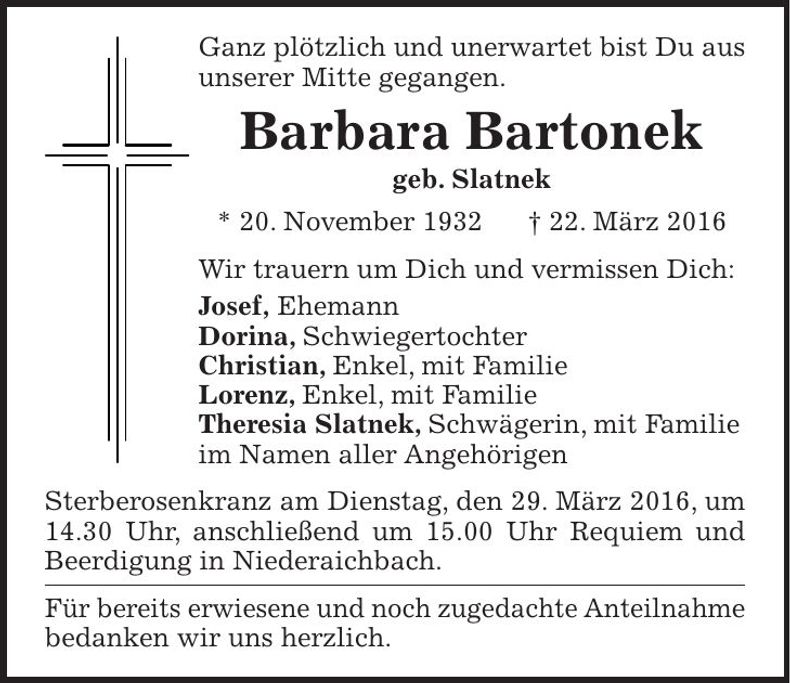 Traueranzeige Barbara Bartonek