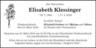 Traueranzeige Elisabeth Klessinger