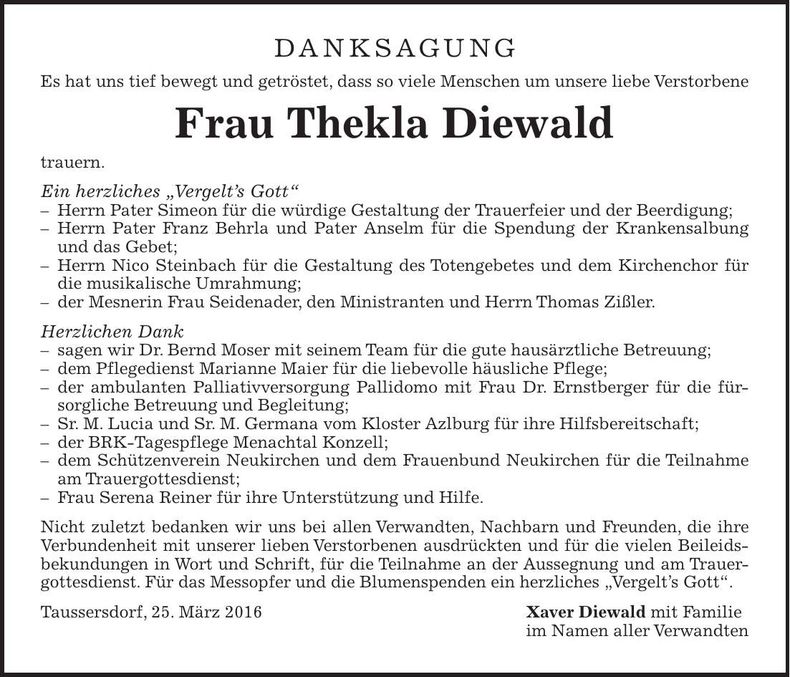 Traueranzeige Thekla Diewald