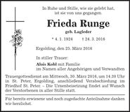 Traueranzeige Frieda Runge