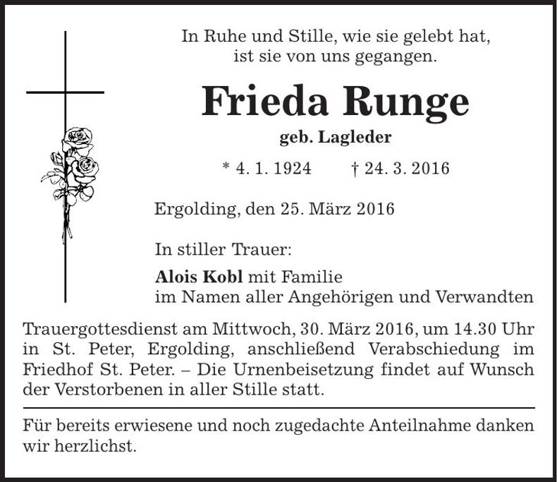 Traueranzeige Frieda Runge