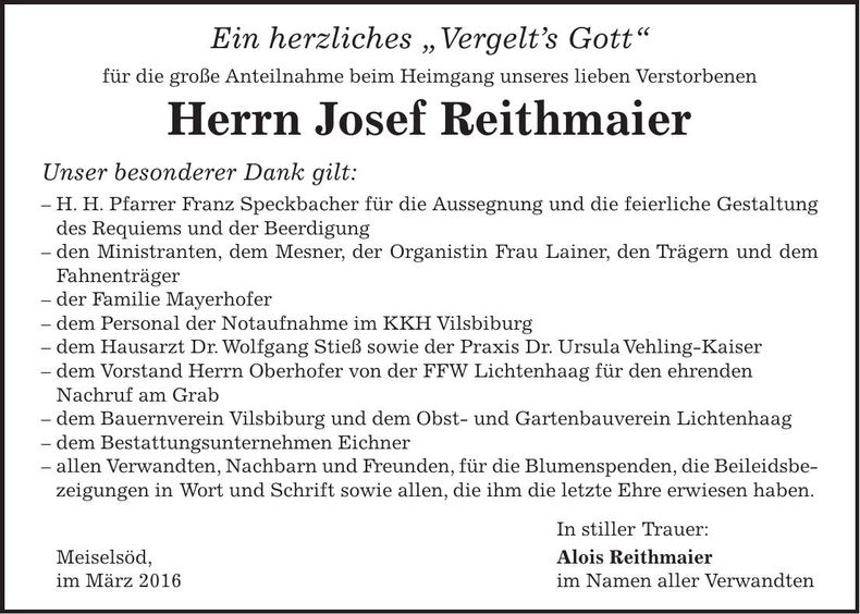Traueranzeige Josef Reithmaier