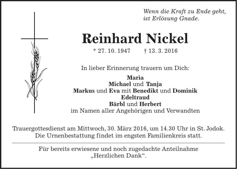 Traueranzeige Reinhard Nickel
