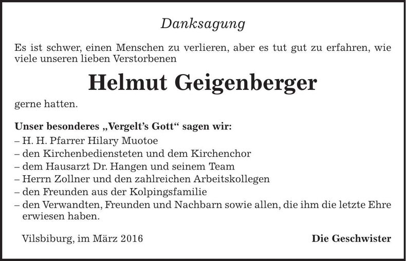 Traueranzeige Helmut Geigenberger