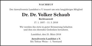 Traueranzeige Volker Schaub