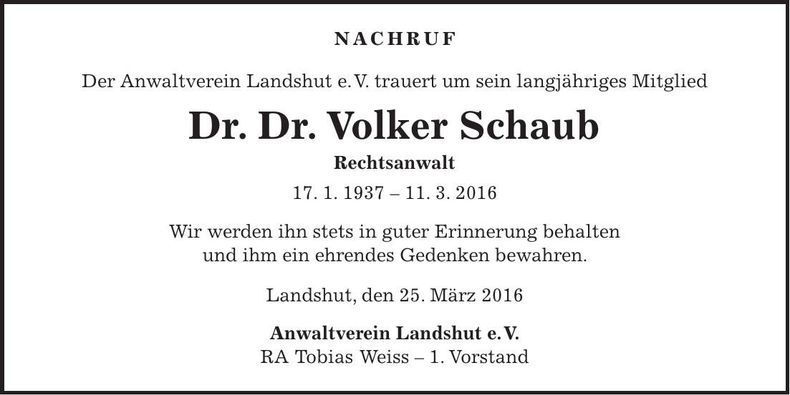 Traueranzeige Volker Schaub