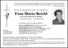 Traueranzeige Maria Reichl