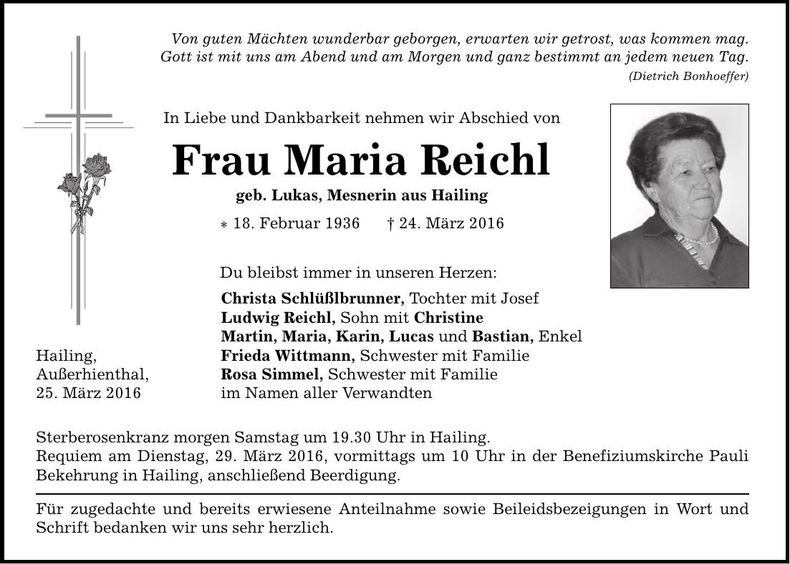 Traueranzeige Maria Reichl