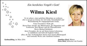 Traueranzeige Wilma Kiesl