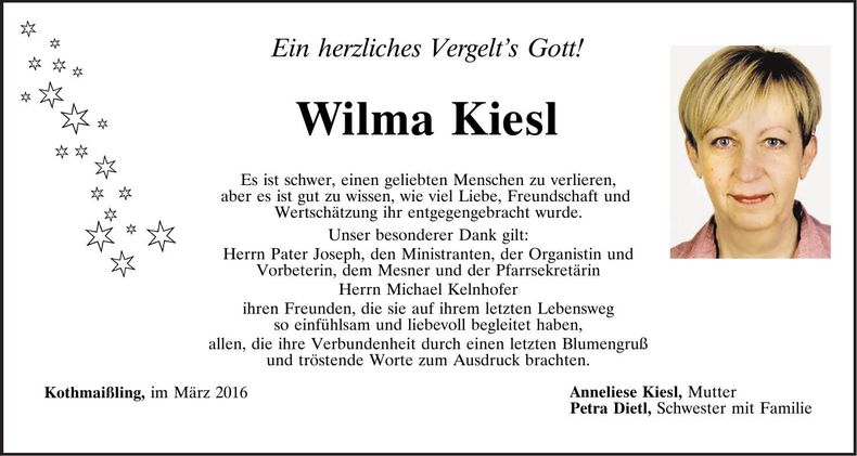 Traueranzeige Wilma Kiesl