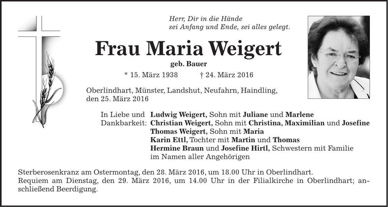 Traueranzeige Maria Weigert